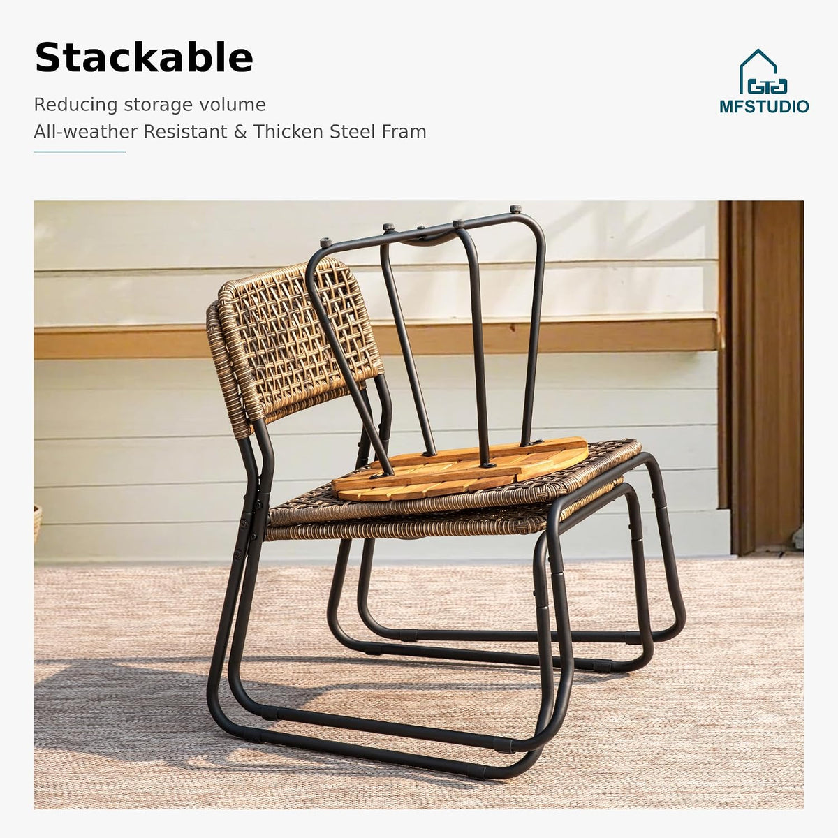 MFSTUDIO 3 Piece Wood and Rattan Patio Bistro Set, Yellow-Brown