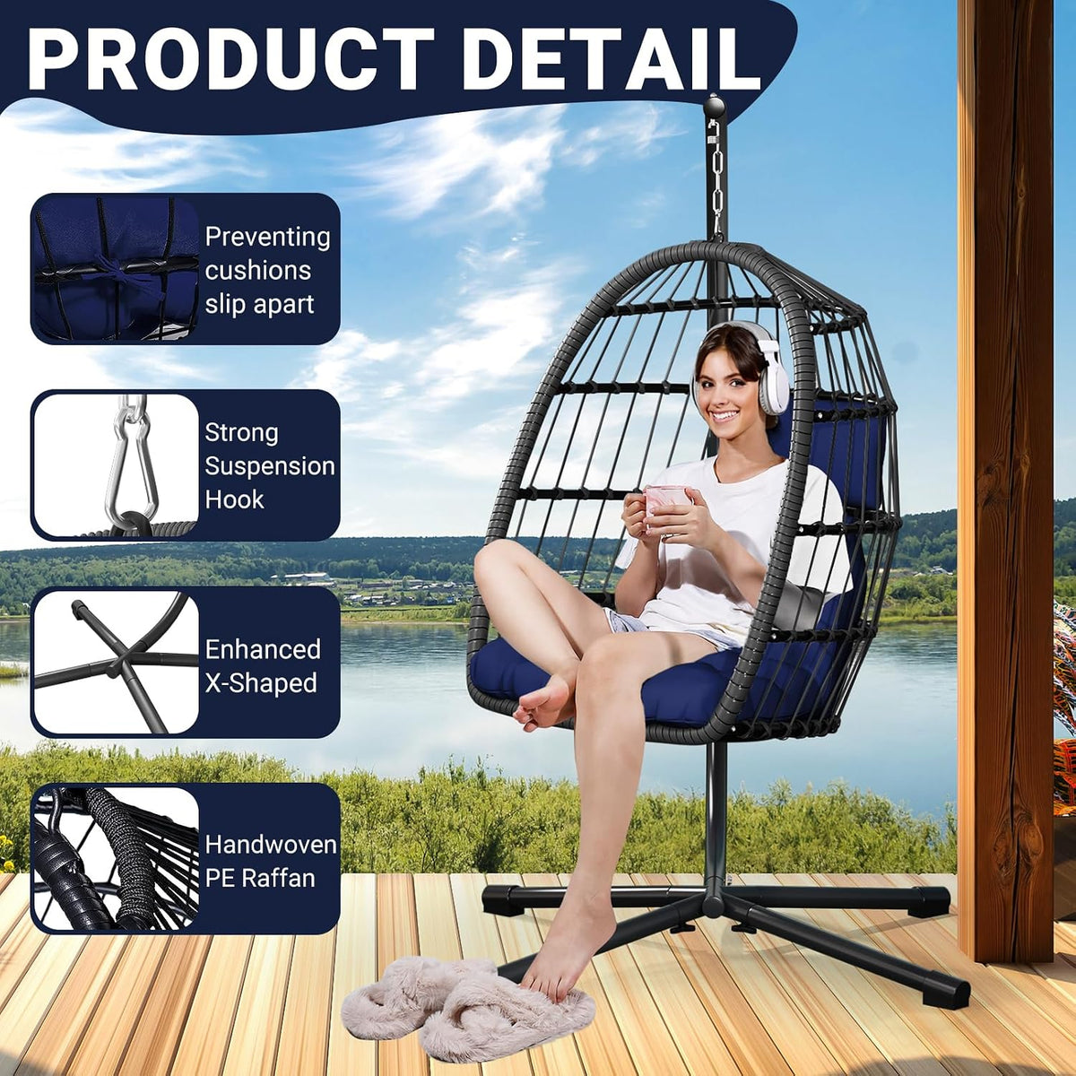 leveleve hanging egg chair with stand, patio rattan showing dimensions