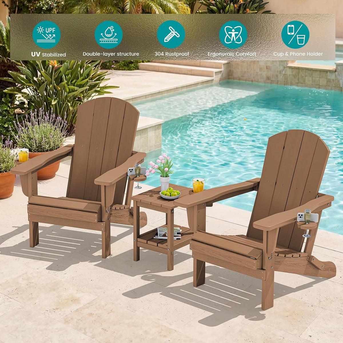 SERWALL Outdoor Adirondack Chair Set of 2 with Cup Holders,Foldable,Brown