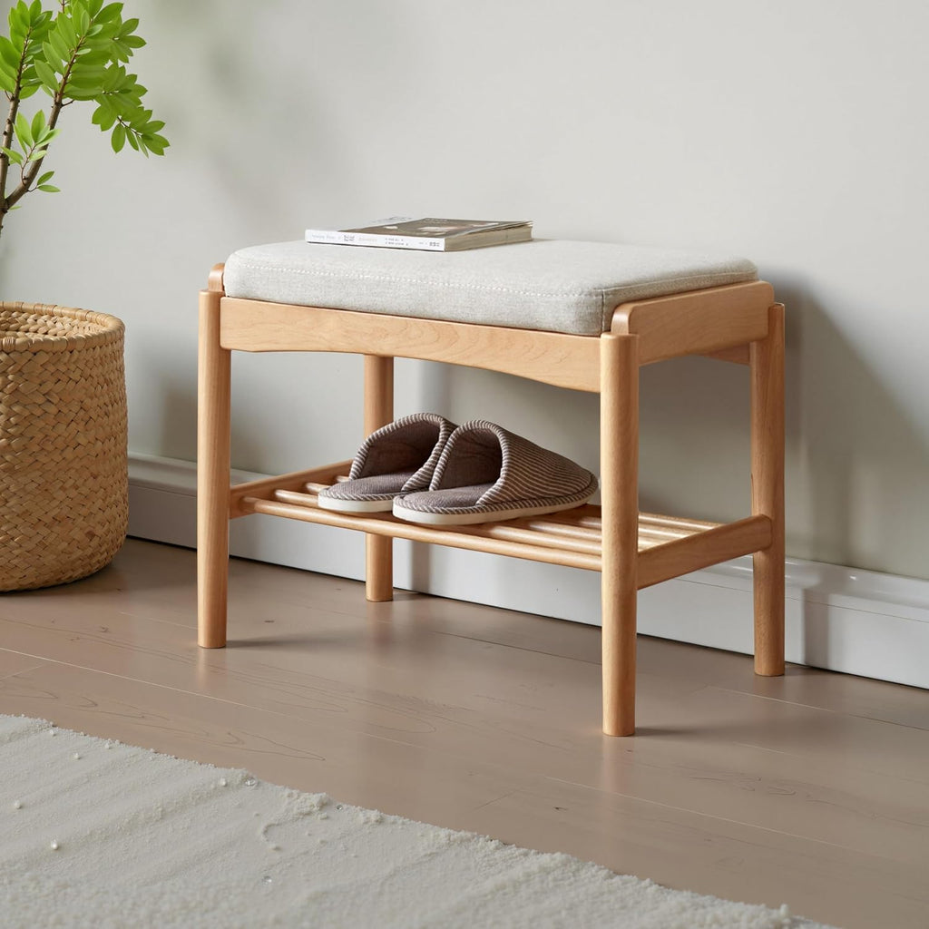 Solid Wood Shoe Bench, Small Entryway Bench with Light Gray Cushion