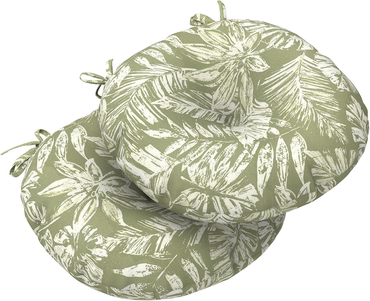 LVTXIII Outdoor Seat Cushions All Weather Patio Chair Pads with Ties, Comfortable Round Bistro Chair Cushions for Home and Patio Garden Furniture Decoration 15”x15”x4”, Set of 2,Tropical Leaf Green