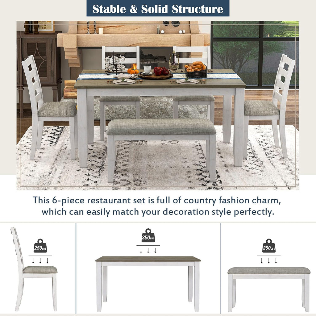 Merax 6 Piece Dining Table Set with Bench, Wooden Rectangular Dining Table with 4 Chairs & a Bench, Kitchen Dining Room Table Chairs Set (Brown + Whitewash)