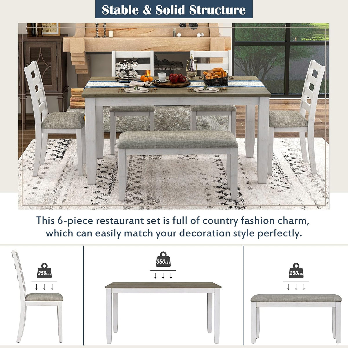 Merax 6 Piece Dining Table Set with Bench, Wooden Rectangular Dining Table with 4 Chairs & a Bench, Kitchen Dining Room Table Chairs Set (Brown + Whitewash)