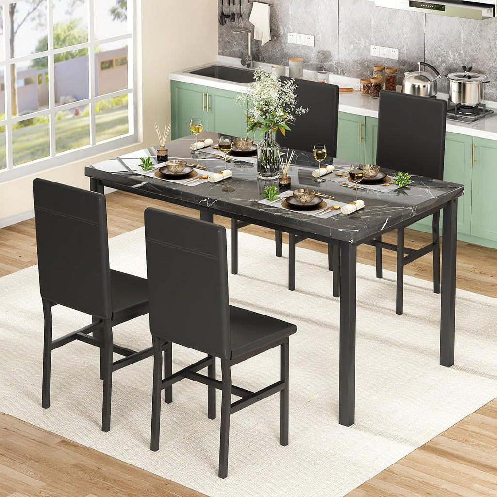 Hooseng Dining Table Set for 4, Modern Faux Marble Kitchen Table with 4 PU Leather Chairs, 5 Piece Dining Room Sets for Dinette, Breakfast Nook, Black (Set of 4)