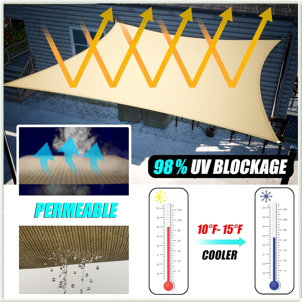 Amgo 12' x 16' Beige Rectangle Shade Sail, UPF50+ Heavy Duty Sun Shade, 200GSM HDPE Commercial Grade Canopy for Patio, Garden and Backyard