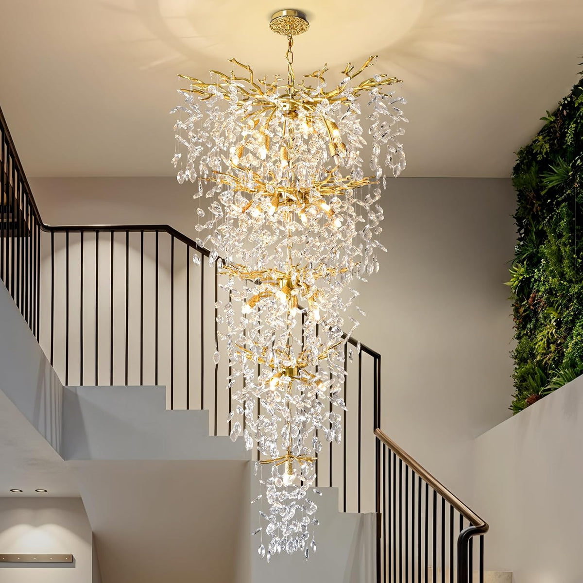 118'' Long Chandelier for High Ceiling, 28-Light Luxury Gold Tree Branch Crystal Chandelier, Large Chandeliers for High Ceilings Staircase Foyer Entryway, 5-Tier Modern K9 Crystal Raindrop Fixture