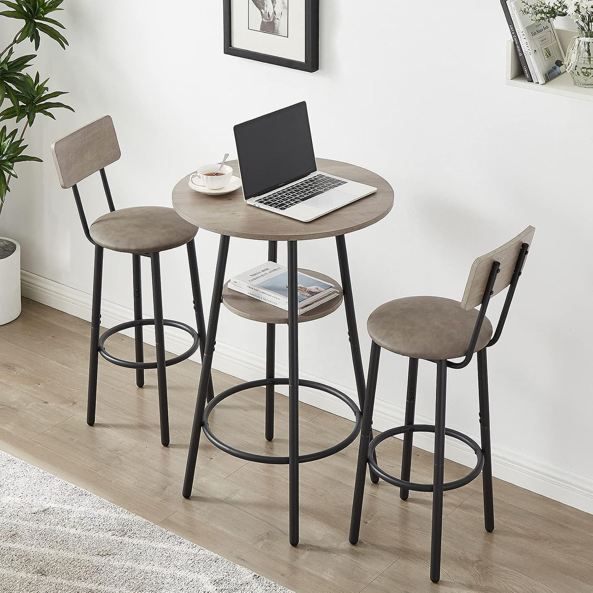 GNIXUU 3 Piece Bar Table Set, 2-Tier Round Pub Dining Set Wooden Bistro Table with 2 PU upholstered Stools Counter Height Kitchen Table Set for Breakfast Nook, Restaurant, Small Space(Grey)