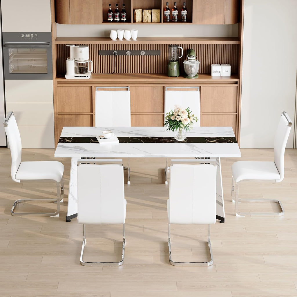 Dining Table Set for 6,White Marble 71'' Dining Room Table with Spacious legroom and White Leather Dining Chairs,Easy Assembley,7 Pieces Kitchen Table and Chairs for Dining Room,Restaurant