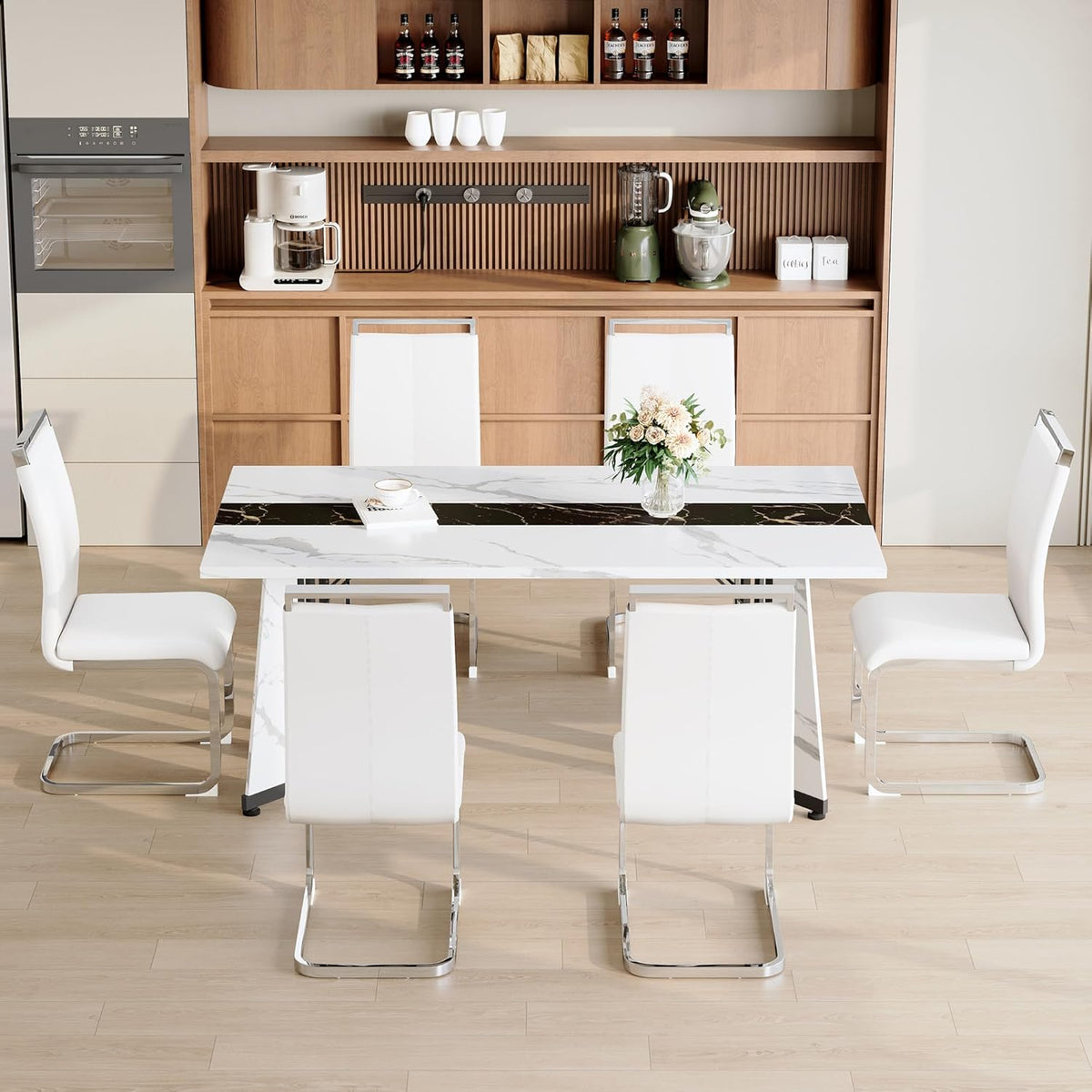 Dining Table Set for 6,White Marble 71'' Dining Room Table with Spacious legroom and White Leather Dining Chairs,Easy Assembley,7 Pieces Kitchen Table and Chairs for Dining Room,Restaurant