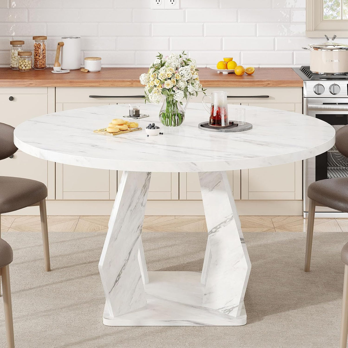 IBF White Marble Round Dining Table, Modern Wood Dinner Tables, 47 Inch