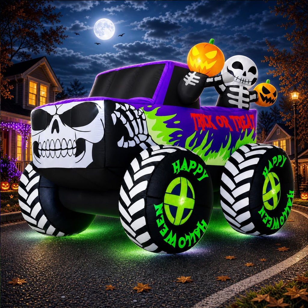 8FT Long Giant Halloween Inflatables Decoration Outdoor Skeleton Monster Truck Built-in Full-Body LEDs Huge Blow up Yard Decorations Large Blowups Strong Blower for Lawn Party Festival