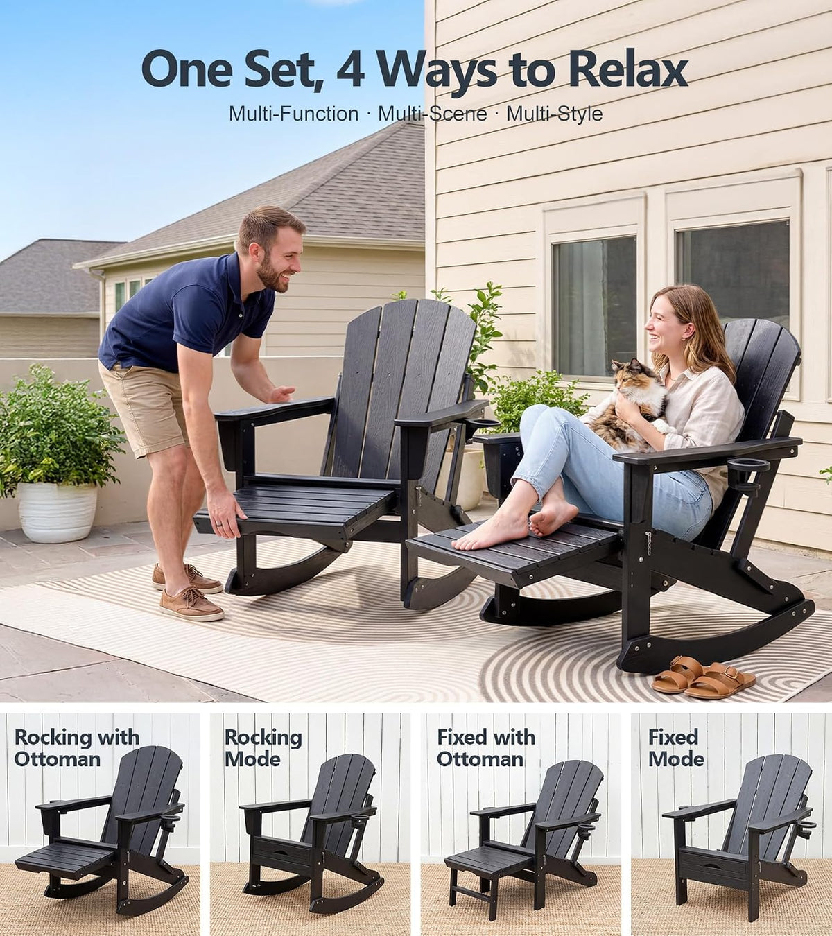 PASAMIC Adirondack Rocking Chairs Set of 2, Foldable All-Weather HDPE Patio Rockers with Retractable Ottoman & Cup Holder, Outdoor Chairs for Porch Backyard Pool Garden Balcony, Ebony Black