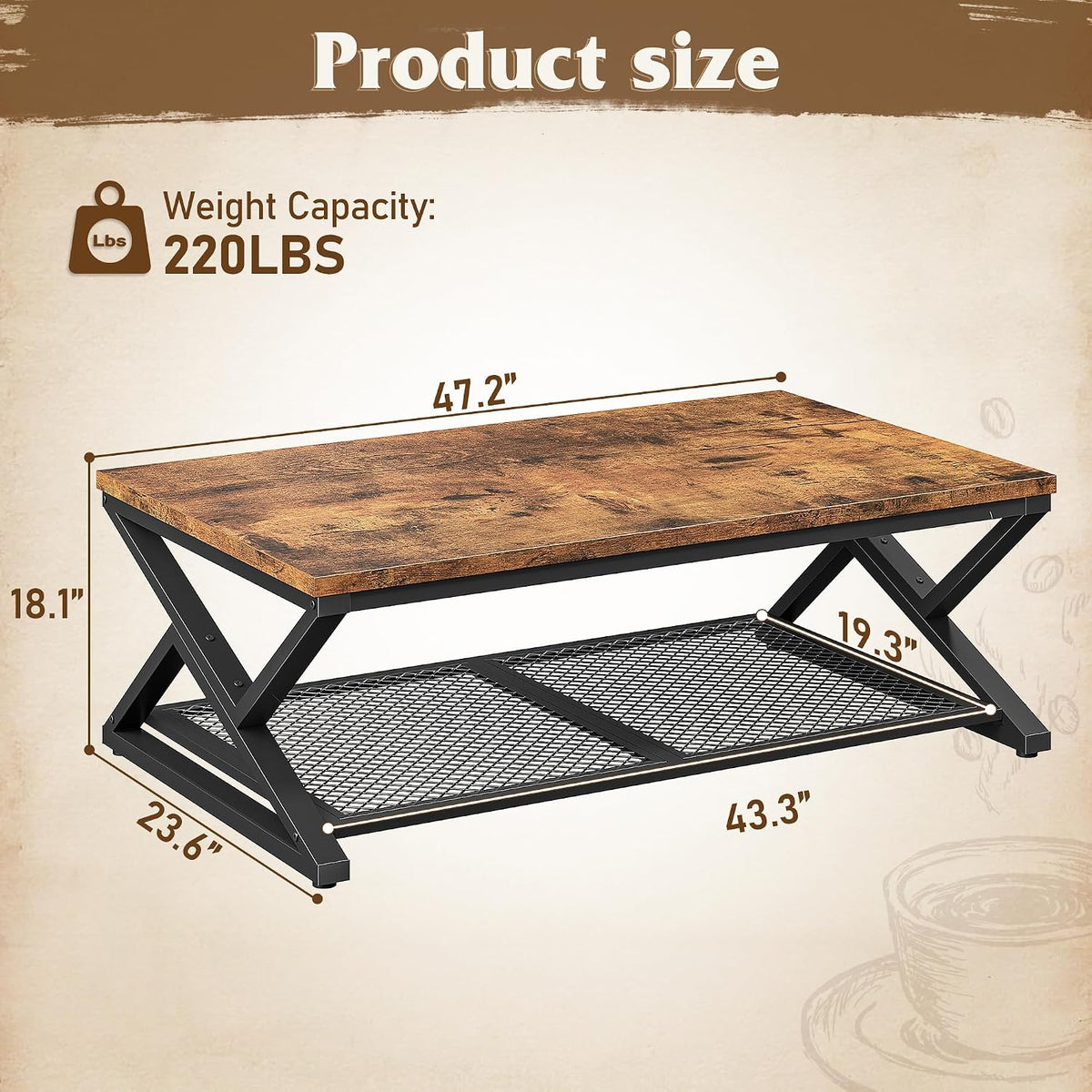 EnHomee Coffee Table, Storage & Shelf, X-Frame Stability, Rustic Brown