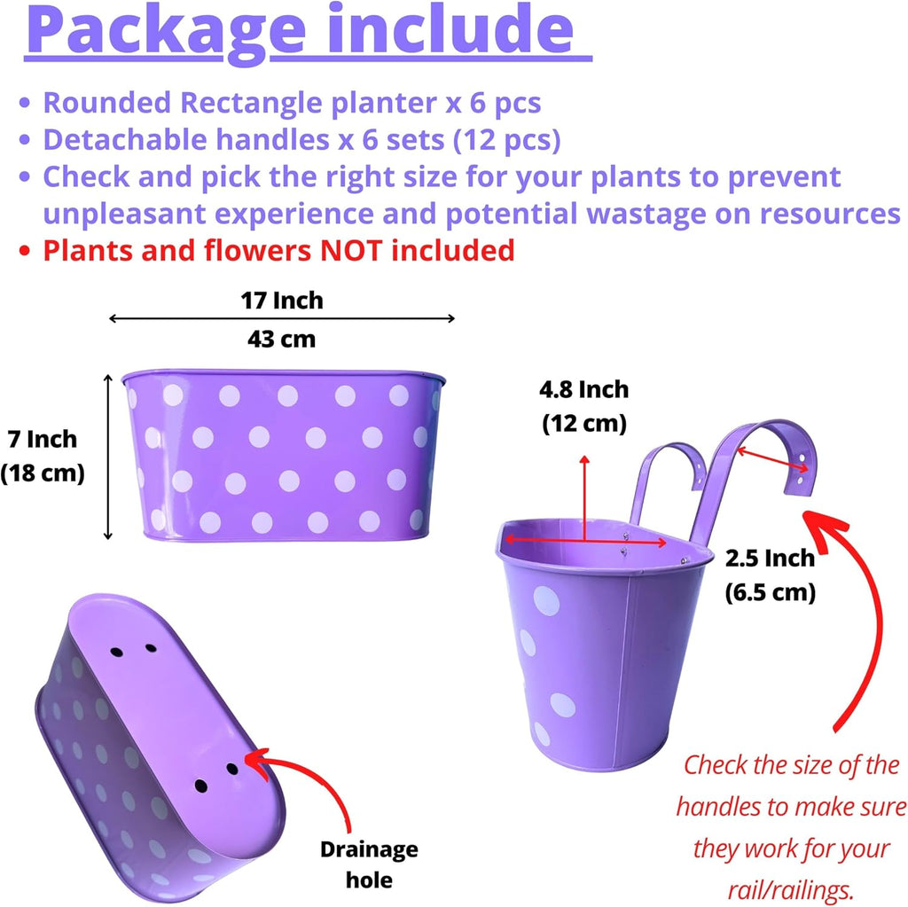 LaLaGreen Colorful Rail Planter (17 in, 6 Pack) Polka Dot Metal Deck Pots