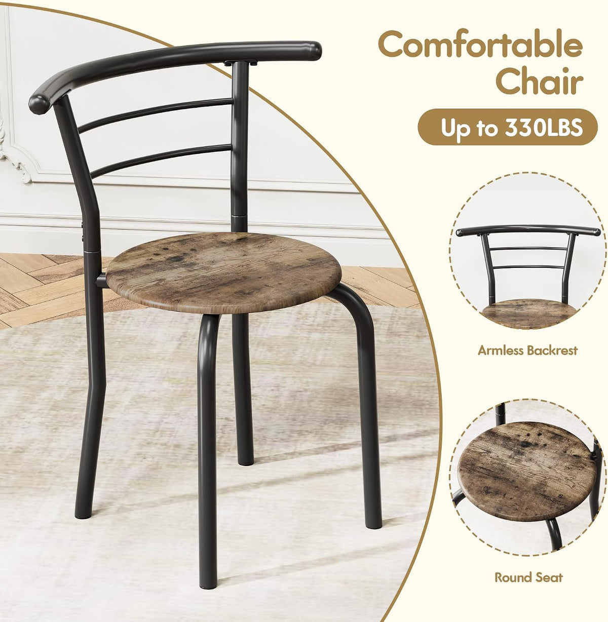 Flamaker Dining Table for 2, 3 Piece Round Table & Chair Set, Walnut