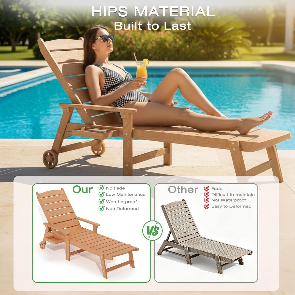 Outdoor Lounge Chairs Set of 2, 6.3ft Chaise Pool Lounger with Wheels