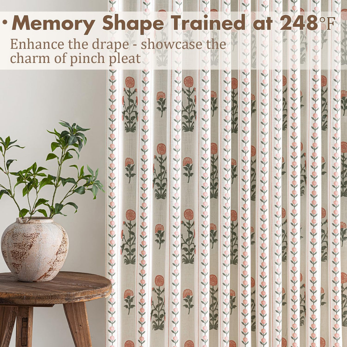 Floral Pinch Pleated Linen Curtains,Pink & White,40" W x 84" L