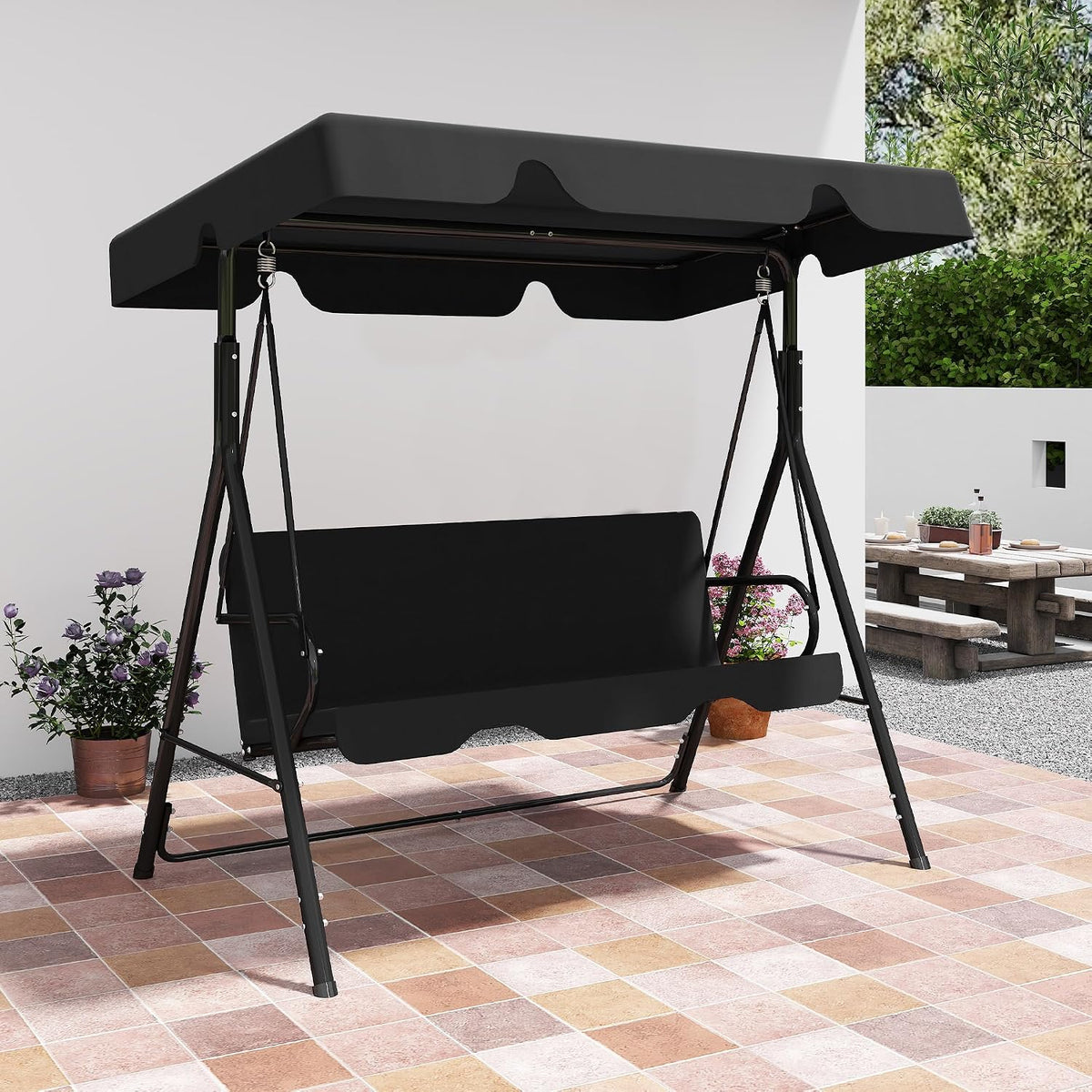 murago 3-seat patio swing chair, outdoor porch swing shown in use