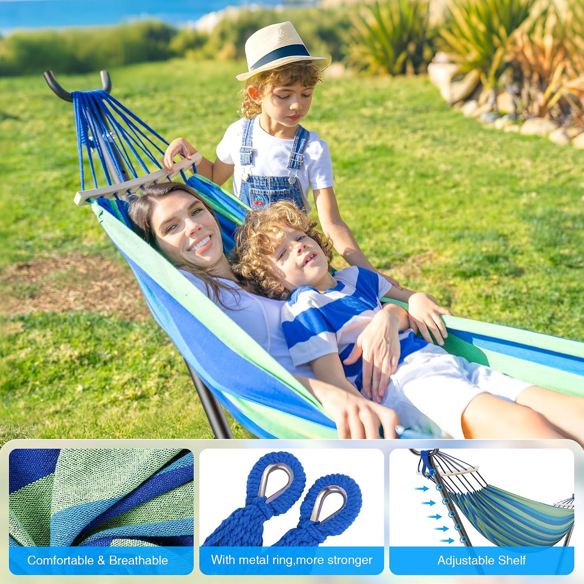 ANAGOO 2 Person Hammock with Stand, 500 lb Indoor Outdoor, Wide Blue