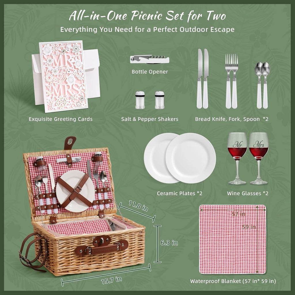 Picnic Basket for 2 with Lid and Handle Waterproof Picnic Blanket