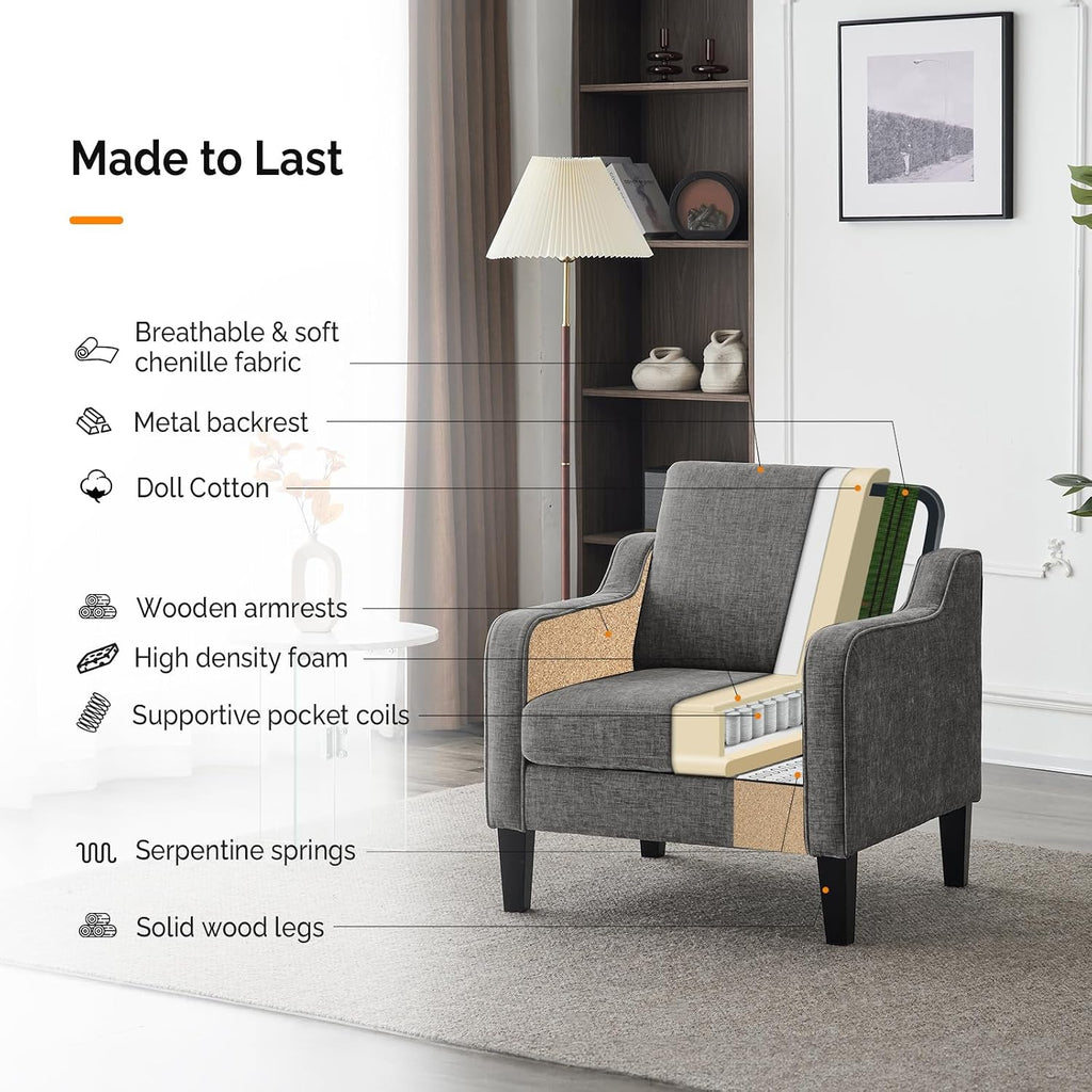 VINGLI Light Grey Accent Chair, Chenille Fabric Armchair for Living Room