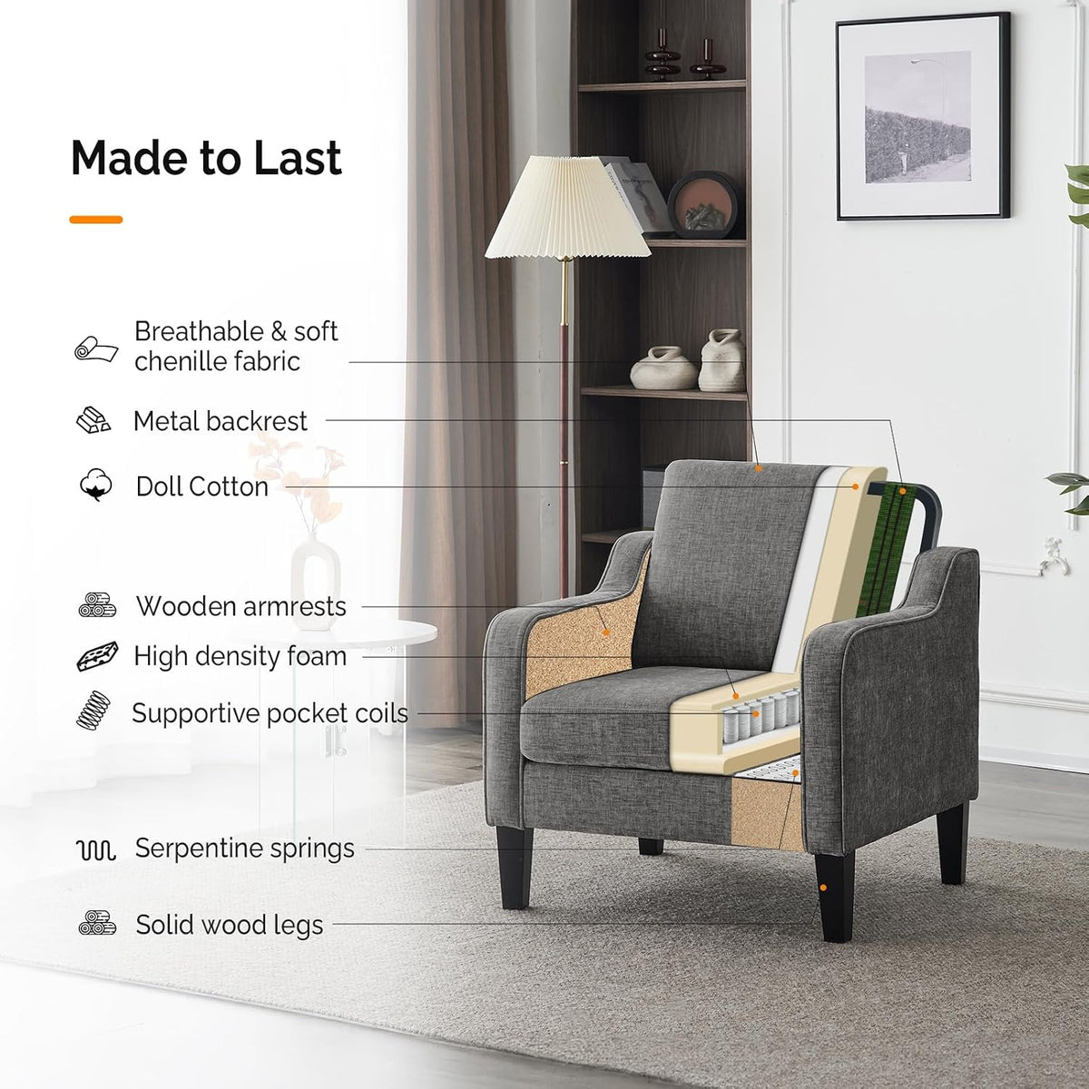 VINGLI Light Grey Accent Chair, Chenille Fabric Armchair for Living Room
