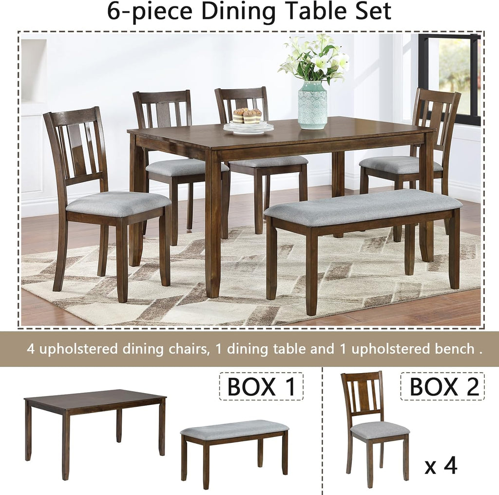Merax 6 Piece Kitchen Dining Set, Rectangular Wooden Dining Table with 4 Upholstered Chairs and a Bench for 4-6, Living Room Home Bar and Kitchen, Walnut