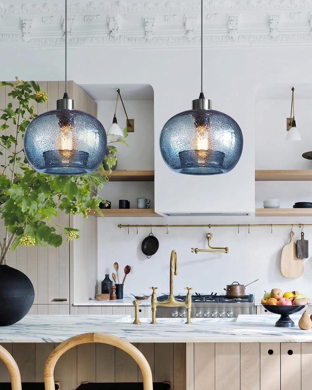 CASAMOTION Glass Pendant Lights Kitchen Island, Marble Blue 8.7 Inch 2 Pack