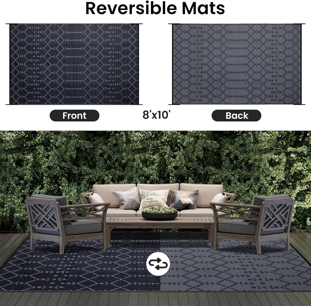Smiry Outdoor Rug 8x10 ft Waterproof Reversible Boho Mat, Dark Grey