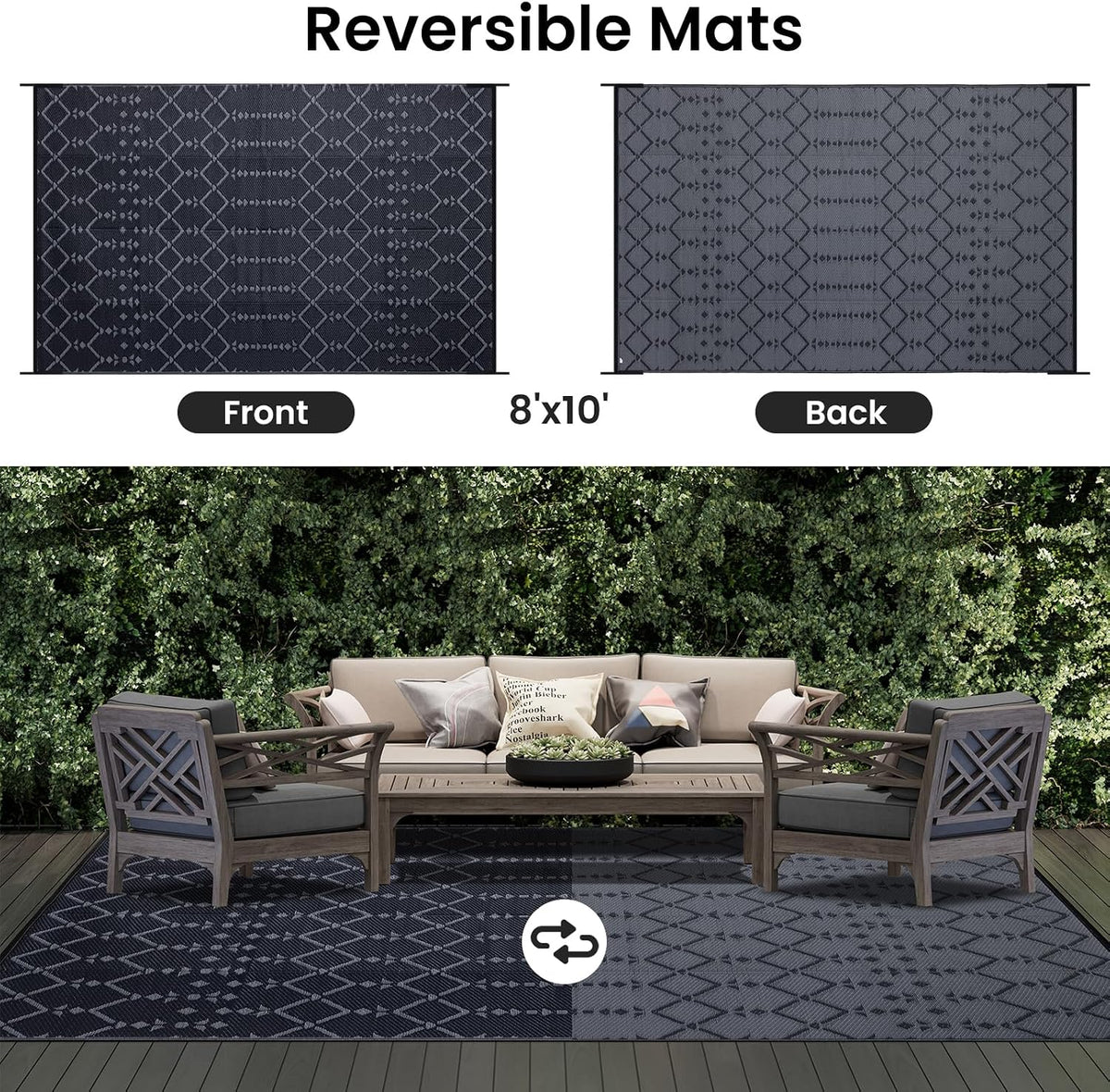 Smiry Outdoor Rug 8x10 ft Waterproof Reversible Boho Mat, Dark Grey