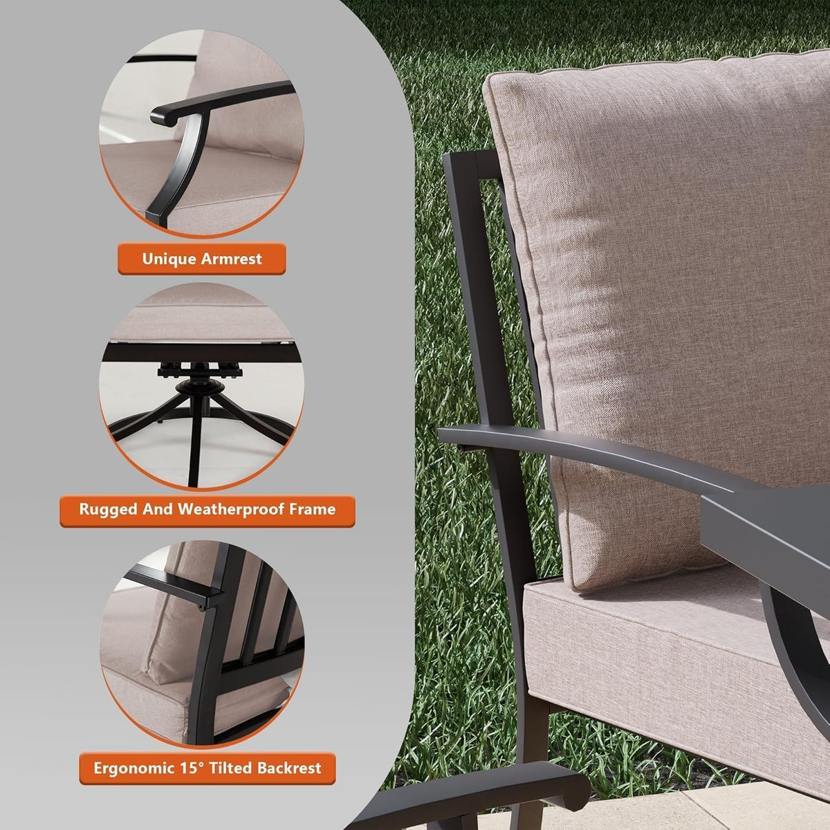 7 Piece Metal Outdoor Patio Furniture Set with 48"/55000 BTU Round Fire Pit Table,Outdoor Dining Table Set 6 Swivel Chairs No-Slip Cushions and Waterproof Covers,Sand
