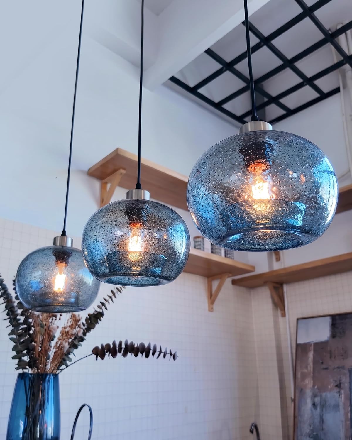 CASAMOTION Blue Pendant Light, Hand Blown Glass,Brushed Nickel, 8.7 Inch