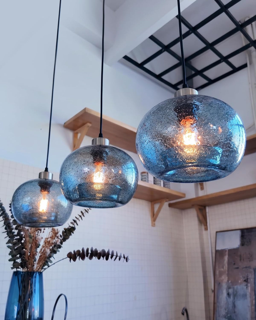 CASAMOTION Glass Pendant Lights Kitchen Island, Marble Blue 8.7 Inch 2 Pack