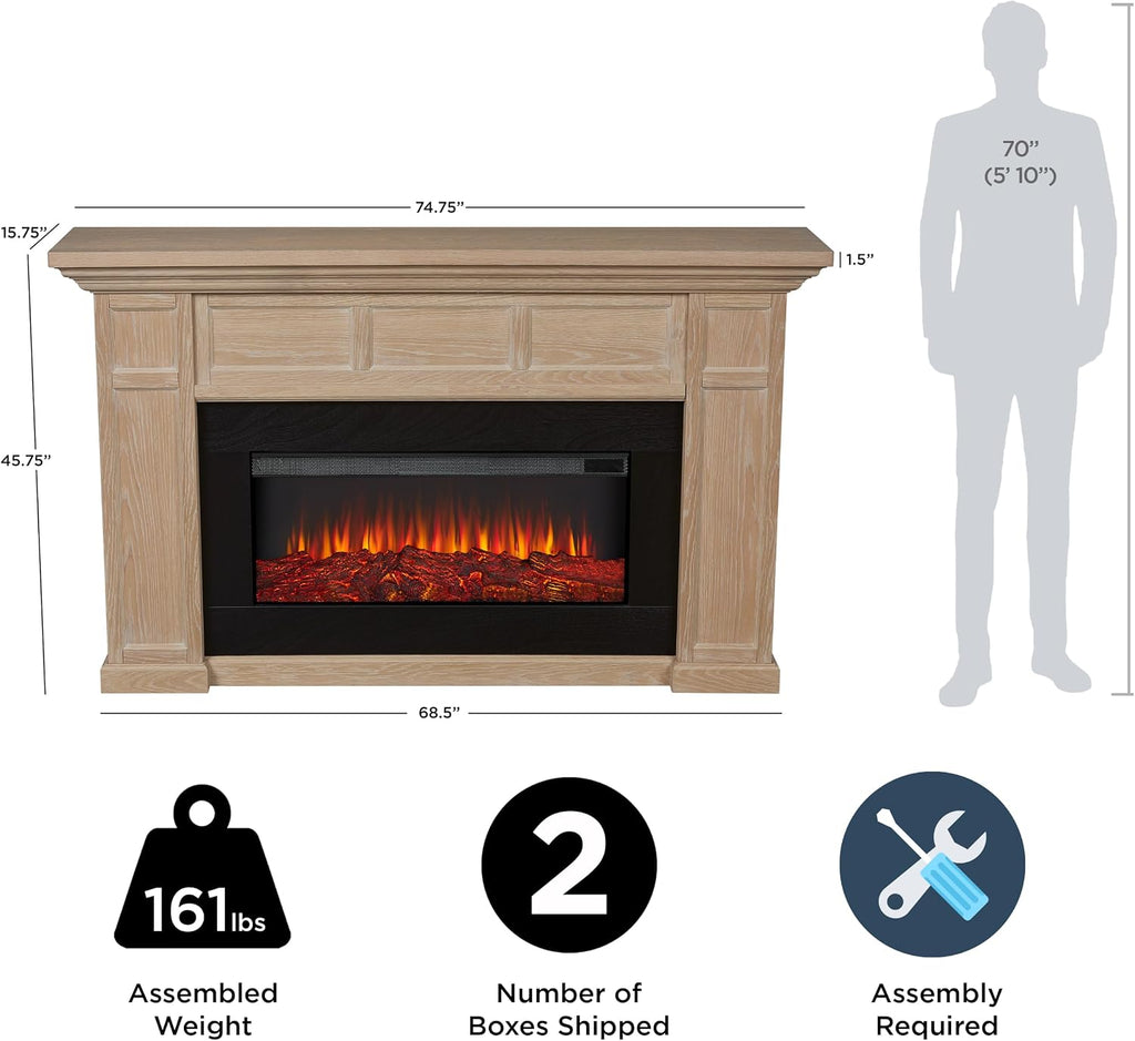 Real Flame Alcott 75” Electric Fireplace with Mantel for Living Room or Bedroom, Replaceable Fireplace Insert Heater, Realistic Log and Flame Effect, Remote Control, Timer