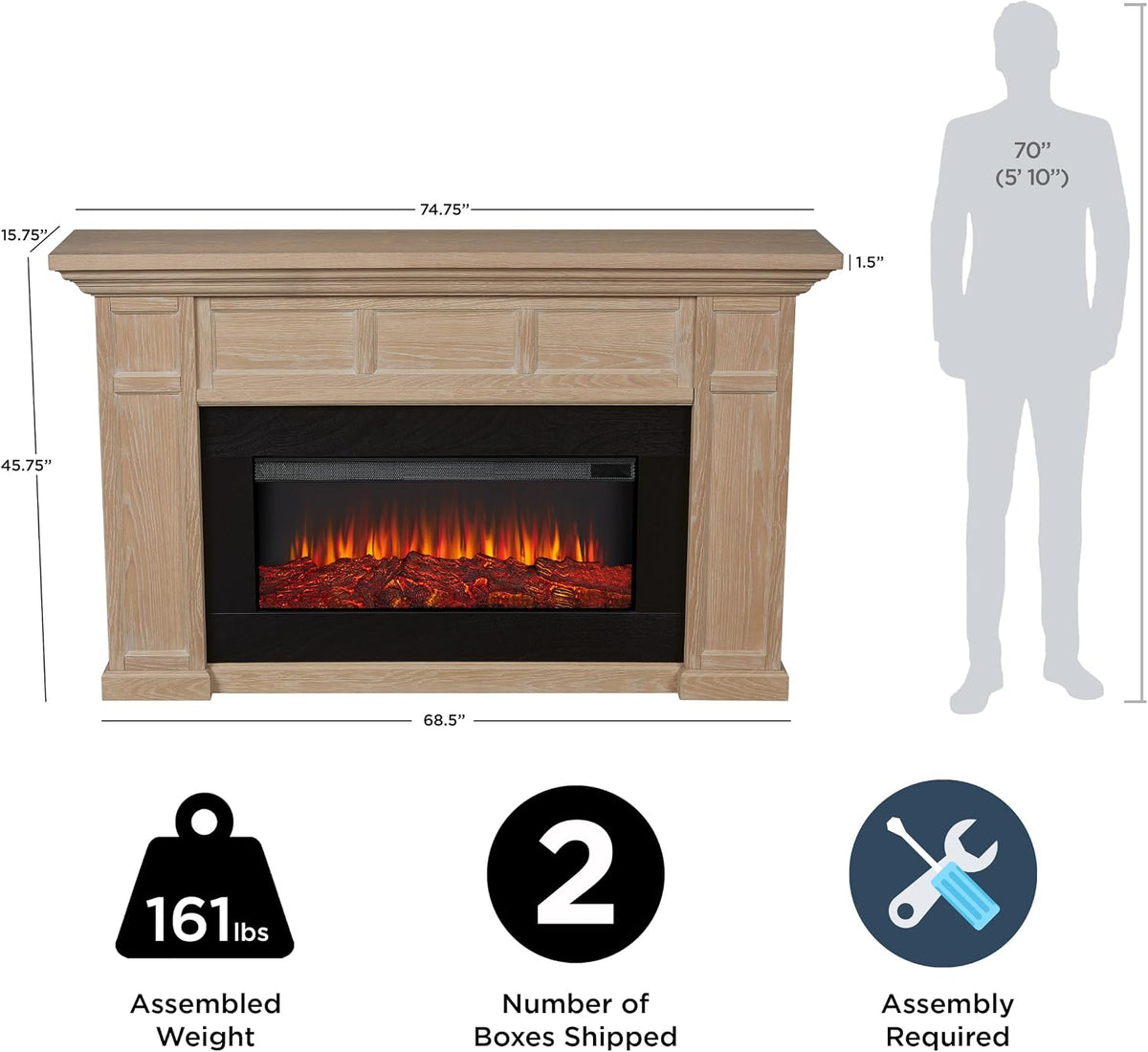 Real Flame Alcott 75” Electric Fireplace with Mantel for Living Room or Bedroom, Replaceable Fireplace Insert Heater, Realistic Log and Flame Effect, Remote Control, Timer