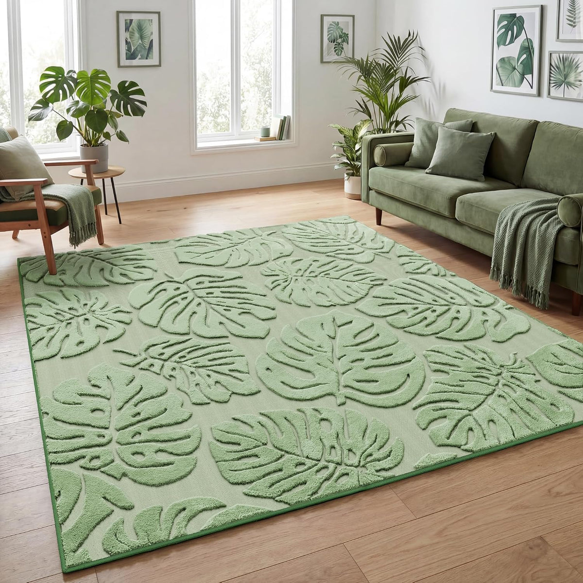 Sage Green Monstera 8x10 Area Rugs High-Low Plush Pile Washable