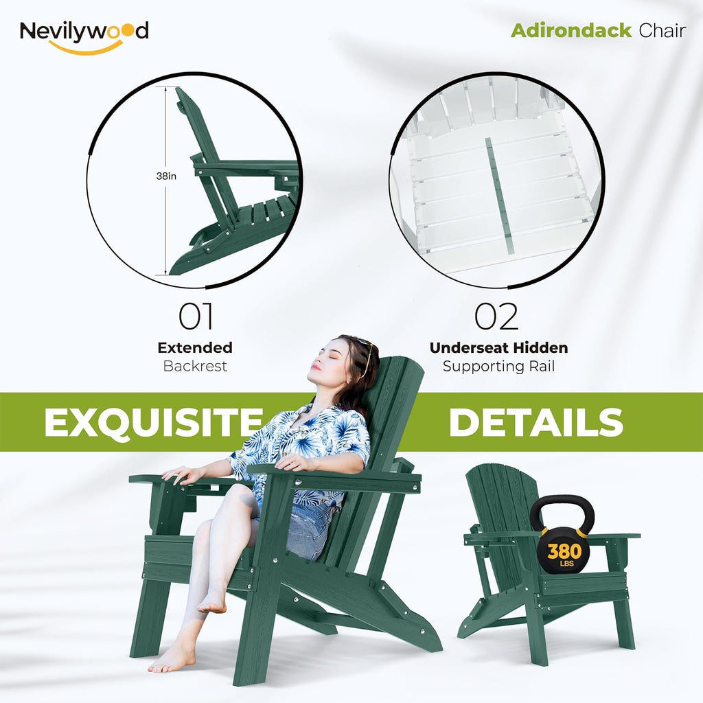 nevilywood Folding Adirondack Chairs Set of 2, HDPE Cup Holders, Green