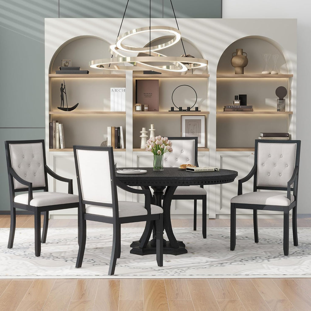 LUMISOL Extendable Round Dining Table Set for 4-6, 42"-58" Round to Oval Kitchen Table Set with 4 Upholstered Chairs for Kitchen, Dining Room, Small Space, Black Oak