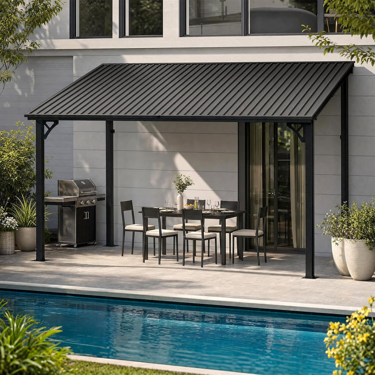 12x10 FT Lean to Gazebo, Sloping Galvanized Steel Roof Hardtop Gazebo, Outdoor Pergola Canopy with Heavy Duty Aluminum Frame for Patio, Backyard, Deck, Pool