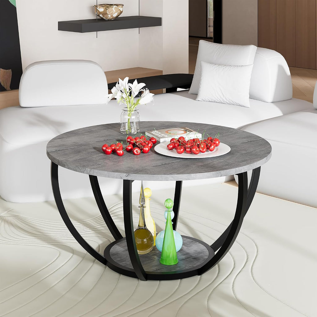 HOMERECOMMEND Round Coffee Table with 2-Tier Storage for Living Room,Grey