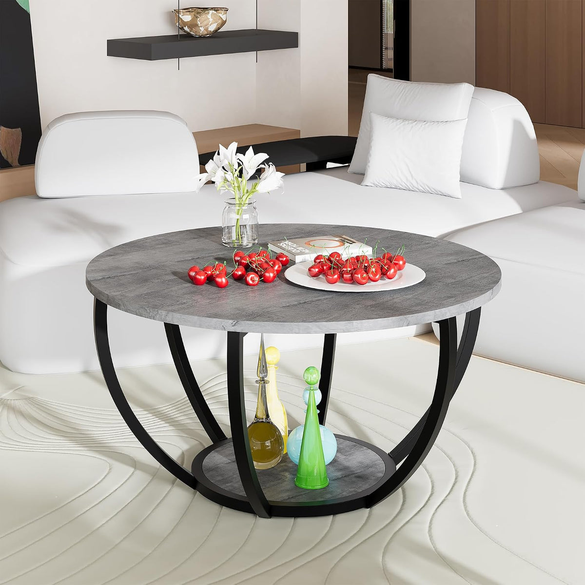 HOMERECOMMEND Round Coffee Table with 2-Tier Storage for Living Room,Grey