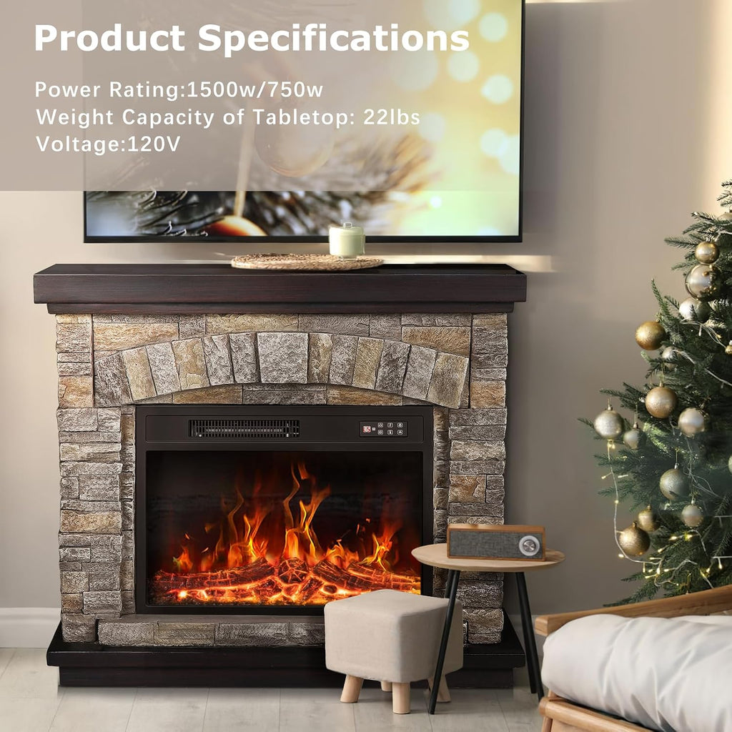 PUKAMI Electric Fireplace with Mantel, Realistic Stone Finish Freestanding Heater TV Stand, 3D Log Flame Effect with Remote Control, 750W/1500W