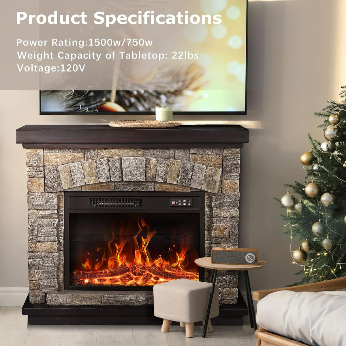 PUKAMI Electric Fireplace with Mantel, Realistic Stone Finish Freestanding Heater TV Stand, 3D Log Flame Effect with Remote Control, 750W/1500W