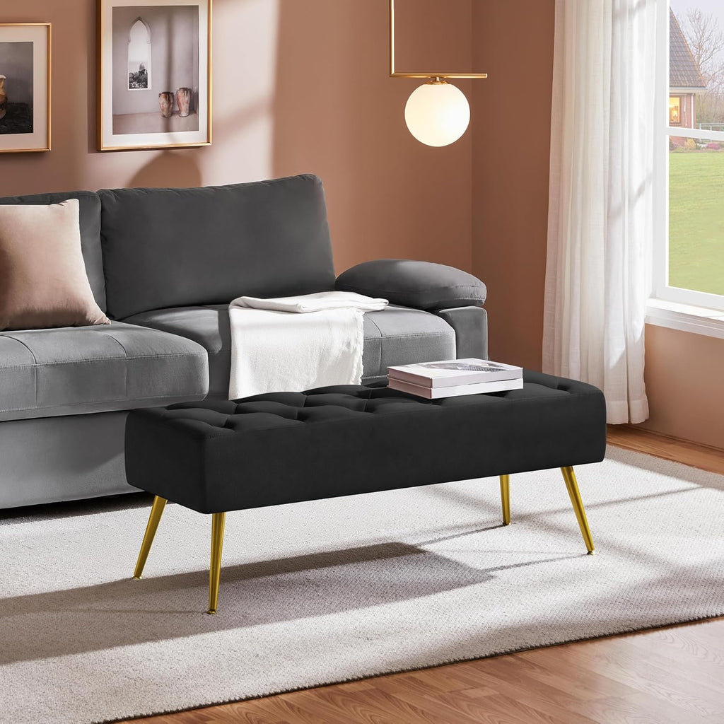 Yaheetech 45in Upholstered Velvet Ottoman Bench Seat with Gold Legs, Black