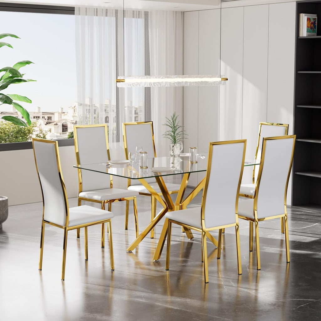 Modern Gold Glass Dining Table Set of 6, 47'' Clear Glass Top Rectangular Kitchen Table Set, 7 Pieces Minimalism Dining Room Table Set, 6 Luxury White Gold High Back Dining Chairs Set