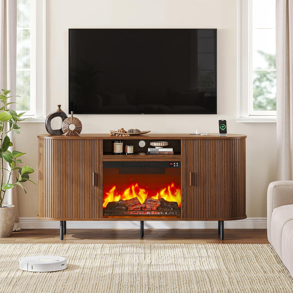 ComfyCorner 63" Fluted Fireplace TV Stand with Sliding Doors & Power Outlet