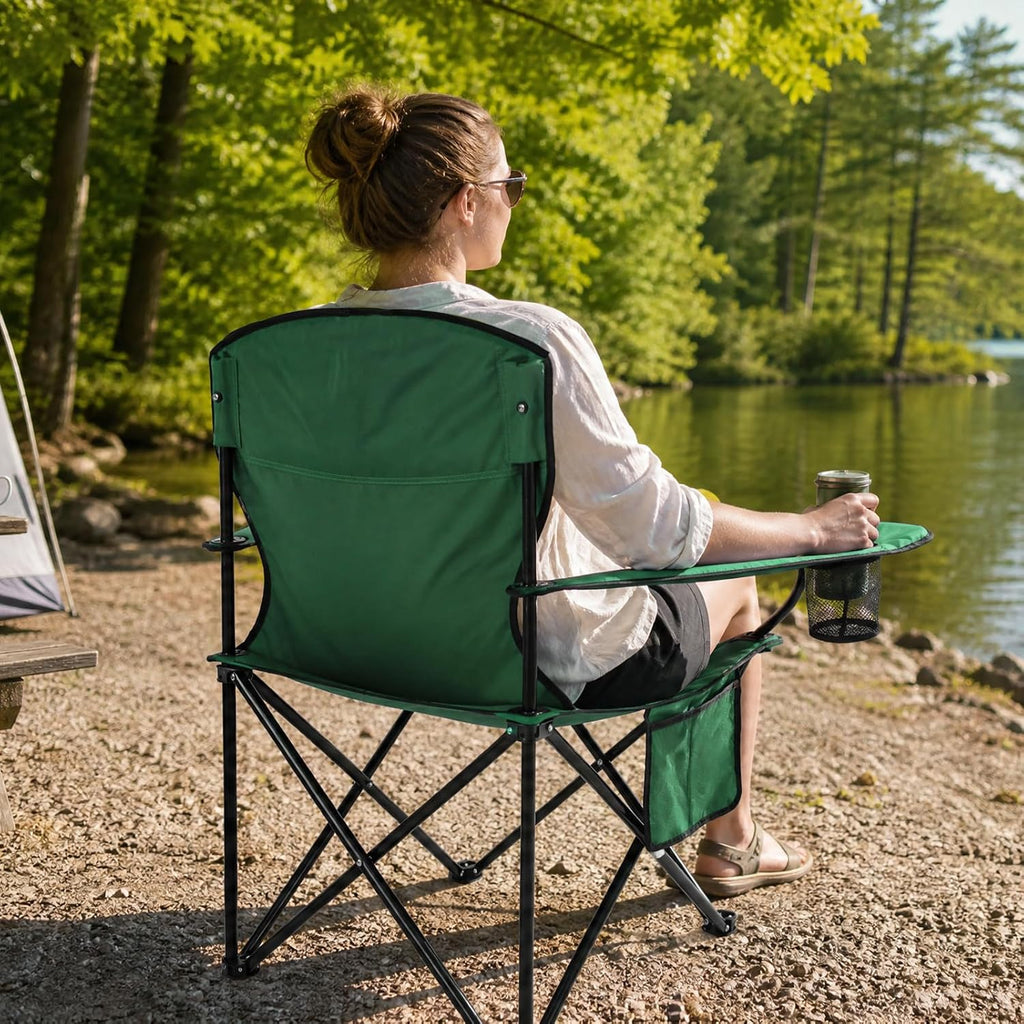 Camping Chairs for Adults, 2 Pack Heavy Duty Folding Chair with 4-Can Cooler Bag, Portable Outdoor Chair with Cup Holder, Collapsible for Tailgating, Beach, Fishing, Green