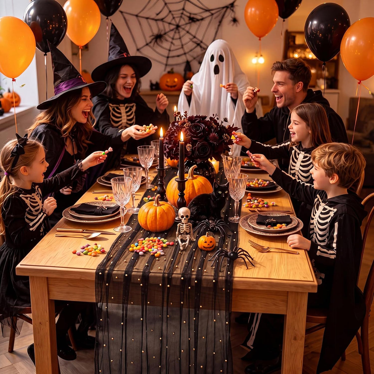 10 Pcs Halloween Black Pearl Gauze Table Runner 120 Inch 10ft