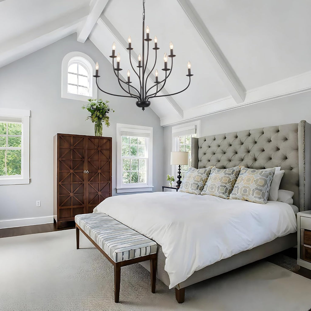 Black Chandelier 12 Light, Large Farmhouse Chandelier for Dining Room