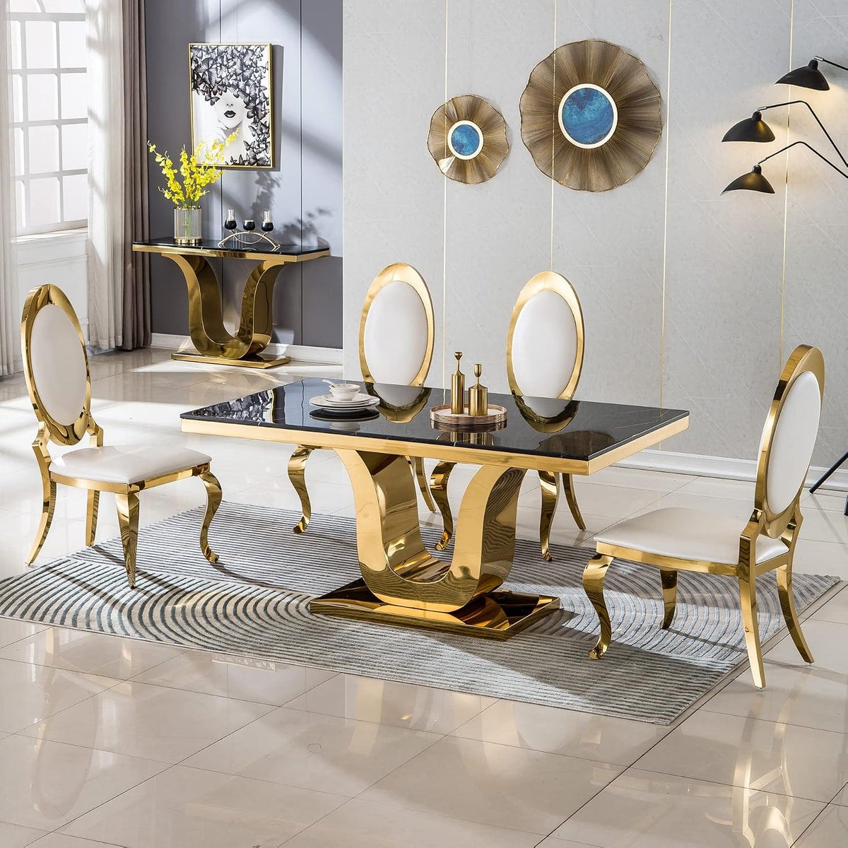 SSLine Modern Luxury White Faux Leather Dining Chairs Set of 4 Gold Legs